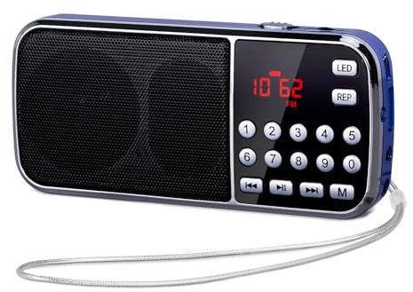 PRUNUS J-189 Mini Radio Portatile FM, Bluetooth, Digitale, Supporto TF Card/USB/AUX, Torcia di Emergenza (Azzurro)