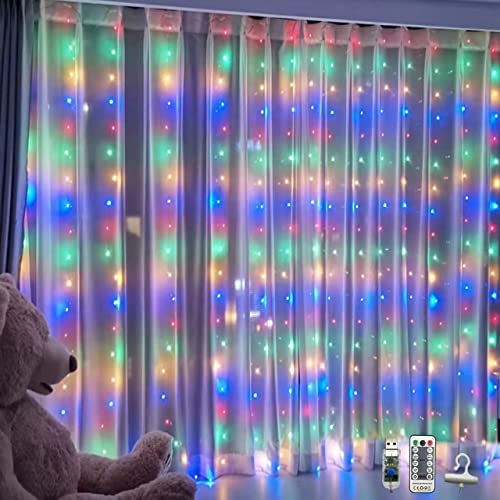 WALCHO Luces de Cadena de Cortina, Alimentado por USB Cortina de Luces, 8 Modos 2.4 * 1.8M 144 LED con control remoto, Luces Navidad para Decoración Ventana,Navidad,Fiestas, Árboles (Multicolor)