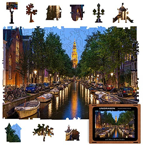 UNIDRAGON Original Wooden Jigsaw Puzzles - City Evening Amsterdam, 125 pcs, Small 9x6.2, Beautiful Gift Package, Unique Shape Best Gift for Adults and Kids