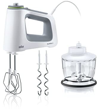 Braun Electric Hand Mixer, 9-Speed, Lightweight with Soft Anti-Slip Handle, Accessories to Beat & Whisk, Dough Hooks to Knead, & 2-Cup Chopper, White