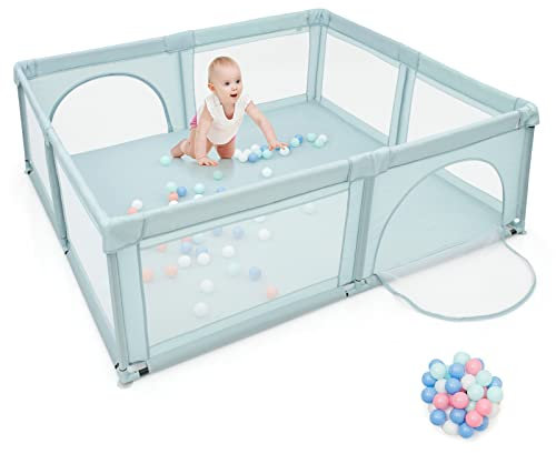 LIFEZEAL Baby Laufgitter 192 x 122 x 69cm, Laufstall Absperrgitter mit atmungsaktivem Netz, Babygitter mit Reißverschlusstüren & Spielbällen, Großer Aktivitätszentrum Indoor & Outdoor (blau)