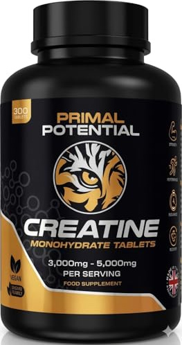 Primal Potential Creatine Monohydrate Tablets | 300 x 1000mg | 3–5g Daily Dose | 60–100 Days Supply | Vegan & Halal | No Powder | Made in UK