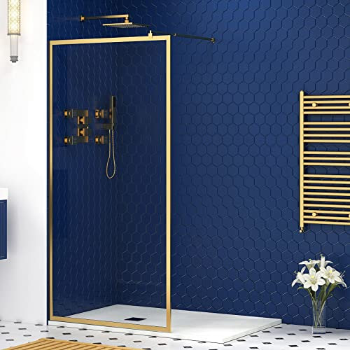 8mm Luxor 800mm Walk in Wet Room Shower Screen with Brushed Brass Frame - Easy Clean Glass
