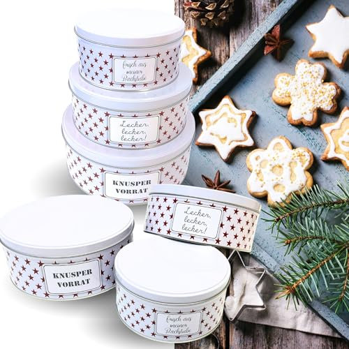 Bada Bing 6er Set große Keksdosen aus Metall mit Deckel - runde Vorratsdose Plätzchendose Knuspervorrat Weiss mit ROTEN STERNE - Aufbewahrungsdose Kekse Weihnachten Modern Vintage Design
