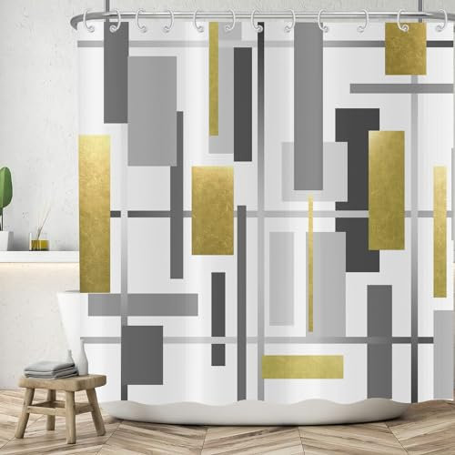 ASDCXZ Geometrie Duschvorhang 180x200 cm, Modern Schwarz Gold Grey Unregelmäßig Geometrie Muster Weiß Bad Waschbar Duschvorhänge Polyester Textil Wasserdicht Badevorhang für Badewanne mit 12 Haken