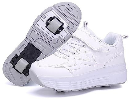GeRRiT Laufschuhe Sportschuhe Mit Rollen, Kinder Schuhe Mit Rollen, Mode Rollenschuhe Skateboardschuhe Kinder Schuhe Mit 2 Rollen, Für Kinder Mädchen Junge Erwachsene,White-34 EU
