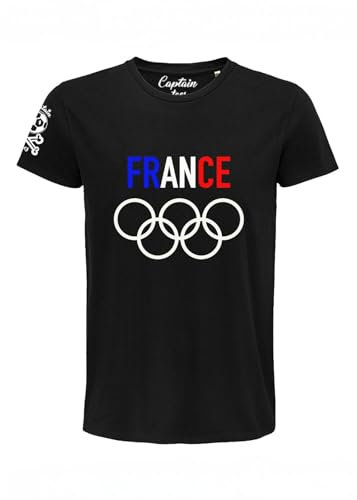 France Olympique/T-Shirt 100% Coton Bio Manches Courtes/Idées Cadeaux Originales Jeux Olympique (FR/ES, Alpha/Lettres, TG, Taille Normale, Taille Normale, Noir)