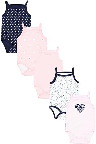 TupTam Body Baby Mädchen 5er Set – Sommer Body Baby mit Spaghettiträgern aus 100% Baumwolle, Farbe: Dunkelblau Blumen Hellrosa Herzen Aprikose Bären, Größe: 110