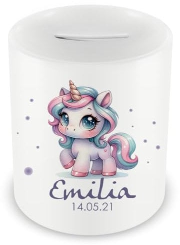 Samunshi® Kinder Spardose mit Namen und Baby Einhorn als Motiv für Kinder - Jungen und Mädchen Sparschwein 330ml weiß