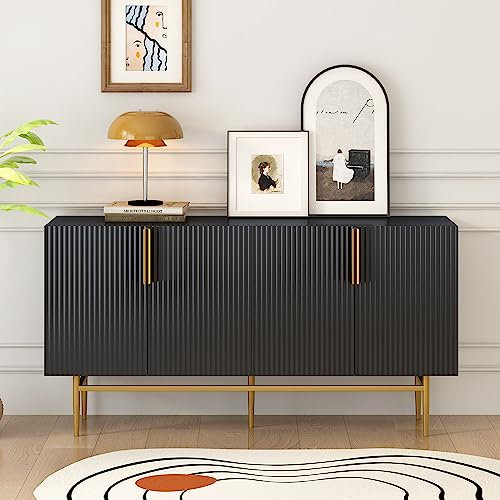 Moderner Sideboard mit 4 Türen, Holzschrank Kommode Aufbewahrungsschrank Anrichte Schrank Beistellschrank mit Goldene Füße und Griffe für Küche, Esszimmer, Wohnzimmer, 152,5×40,5×80cm (Schwarz)