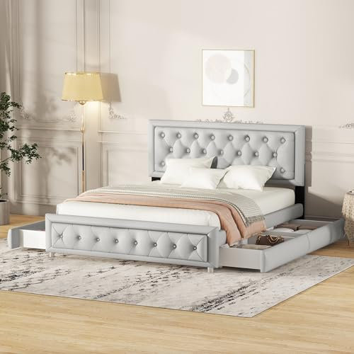 NQSLDM Polsterbett 140 x 200 cm mit 4 Schubladen und Verstellbaren Kopfteil, Doppelbett Familienbett mit Lattenrost und Stauraum, PU-Oberfläche, für Schlafzimmer und Gästezimmer, Ohne Matratze, Grau