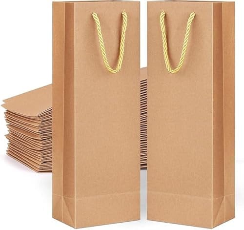 Set da 20 Sacchetti Regalo per Bottiglie di Vino in Carta Kraft – Sacchetti Eleganti con Manico per Regali di Natale, Matrimonio e Compleanni – Sacchetti per Vino, Spumante e Champagne