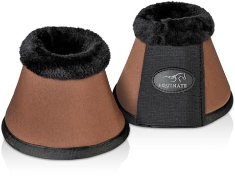 Equinate Hufglocken Furlyn mit synthetischem Lammfell L Braun - Robuste und stoßdämpfende Neopren Springglocken - Hufschutz für Training und Turniere - 2er Set