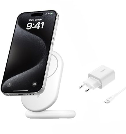 Belkin BoostCharge Socle de Recharge Qi2 (Chargeur Pliable, Compatible MagSafe, 15 W, pour modèles de l'iPhone 16, 15, 14, 13, Chargeur Compatible Standy, Adaptateur Secteur Inclus, Blanc)