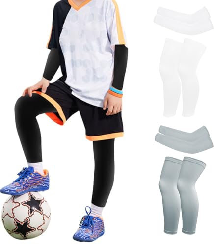 Valcatch 4 Pares de Manga de Tiro de Baloncesto para niño y niña, protección Solar UV, Mangas de Brazo de enfriamiento y Manga de compresión de Pierna para fútbol, Voleibol, Deporte al Aire Libre