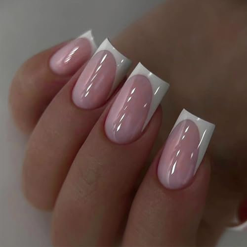 DMQ French Press on Nails with Glue, 24Pcs Square White Tip False Nails, Pink White French Stick on Nails, Removable Glue-on Nails Fake Nails for Women Girls Nail Art Accessories
