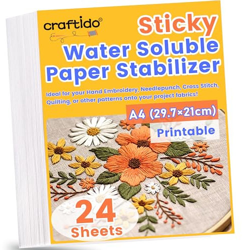 Craftido A4 24PCS (29.7x21cm) Stabilizzatore per Ricamo Autoadesivo Idrosolubile Carta dissolvente stampabile, Peso Medio consentito per stampare o disegnare motivi, ricamo a macchina e a mano