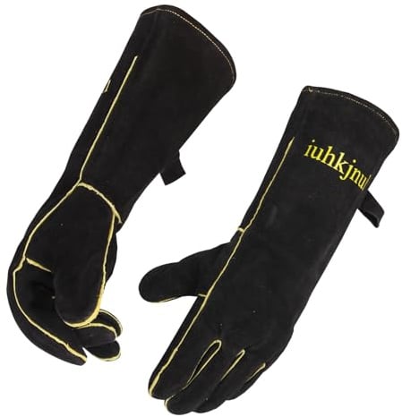 iuhkjnuh Fireplace Gloves Fire Heat Resistant: Fireproof Leather for Fireplace Fire Pit Wood Stove Campfire Furnace BBQ Grill Stick Mig Welding Welder Gear (L)