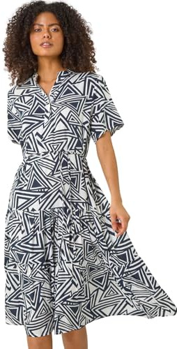 Roman Shirt Dress for Women UK Ladies Short Sleeve Sleeveless Belted Collared Midi Maxi Summer Spring Smart Casual Button Evening Office A Line Swing Skater - Abstract Navy - Size 14