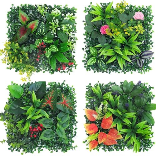 AQCQDQ Pflanzenwand Outdoor, 4 Stück Kunstpflanzen Wand, 25 x 25 cm Künstliche Pflanzen Deko für Wand, Balkon & Garten (Hybrid 04)