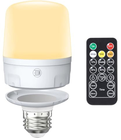 Qoolife Bombilla Recargable E27 con Mando a Distancia Magnética - 9W LED USB-C, 2000mAh para Camping/Armarios/Apagon (Paquete 1 Unidad)