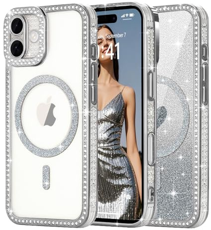 Ethanger Magnetic Glitter Case for iPhone 16, Bling Border, Silver | Compatible with MagSafe, Sparkle Rhinestone Border, with Removable Glitter Insert, Protective Shockproof for Women Girls