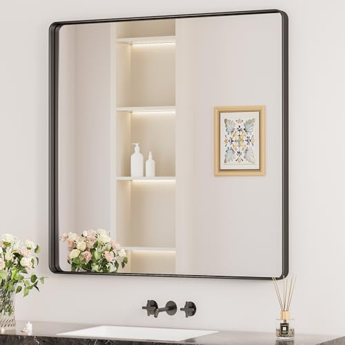 Keonjinn Wand Spiegel Schwarz 90x90cm, Badezimmerspiegel Badspiegel mit Metallrahmen, Gehärtetes Glas Rechteckiger Spiegel Flur für Badezimmer, Wohnzimmer, Schlafzimmer, Wanddekoration