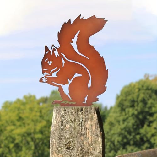 Norhogo 1 Stücke Rostiges Eichhörnchen, Eichhörnchen Gartenstecker, Gartendeko Eichhörnchen aus stabilem Eisen in Rost, Eichhörnchen aus Eisen für Hof Outdoor Garten Hinterhof Rasen Deko, 21 * 27.5cm