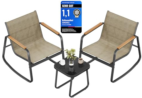 SONGMICS Garden Furniture Set, Patio Furniture, 2 Rocking Chairs and Table, Outdoor Furniture, Steel, with Armrests, Breathable Synthetic Fabric, Backyard, Terrace, Light Brown GGF0027KZ01
