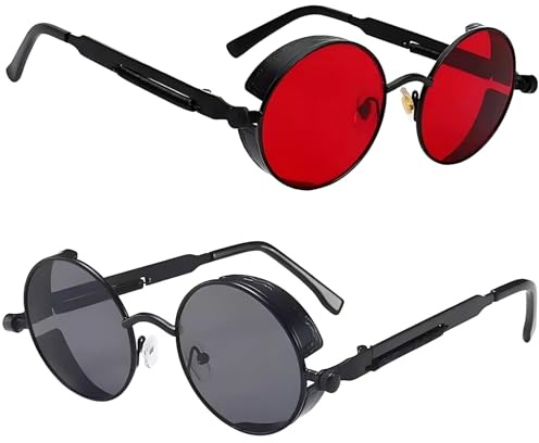 YOFAPA 2 Stück Steampunk-Sonnenbrillen, Hip-Hop-Punk-Retro-Sonnenbrillen mit runden Gläsern, rote und graue Sonnenbrillen mit Charakter