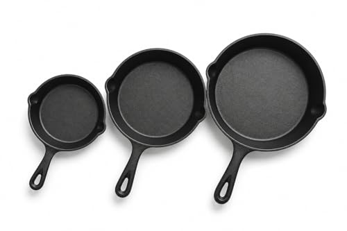 Cast Iron Skillet Set of 3 (16cm, 20cm, 26cm) Pre-Seasoned Frying Pan for Induction, Gas & Oven-Heavy Duty Cooking Pan for Kitchen & BBQ