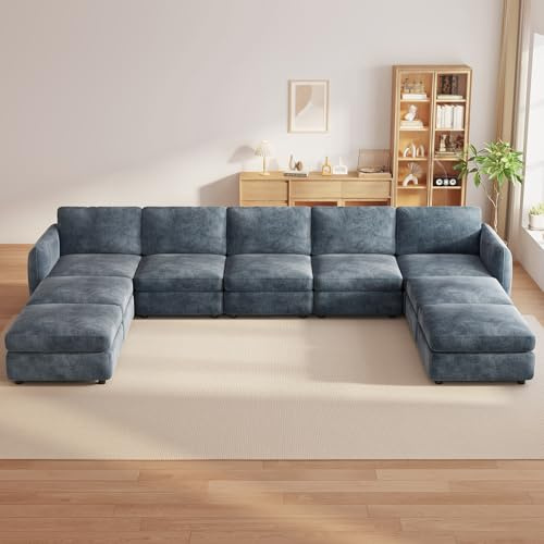 Miuuod 375 cm breites U/L-förmiges 9-Sitzer-Sofa, 5 Sitze mit 4 Aufbewahrungshocker, Moderne Wohnlandschaft mit Massivholzrahmen, modulares Sofalandschaft mit tiefer Sitzfläche