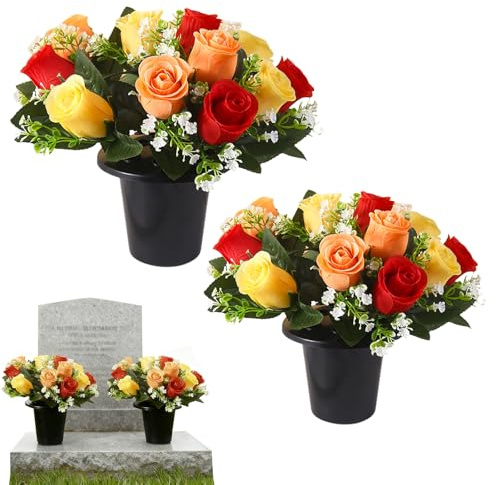 2 Set Artificial Flowers for Graves Pots, Red Yellow Orange Roses Flowers for Graves, 12 Head Grave Flower Pots Spring Silk Cemetery Ornaments for Decoration, Christmas Tribute and Commemoration