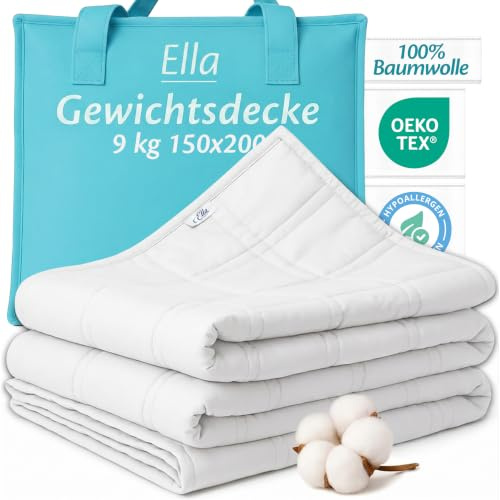 Ella Gewichtsdecke 150x200 9kg Schwere Decke, Therapiedecke Erwachsene | Bettdecke aus 100% Baumwolle für erholsamen Schlaf - ideal für Männer, Frauen mit Stress, Unruhe oder Schlafproblemen, Weiß