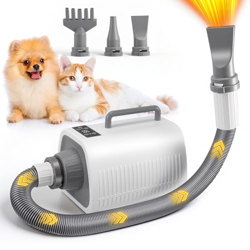 Secador de Pelo Para Perros, Potente Secador para Perros con Velocidad y Temperatura Ajustables, Manguera Flexible, Pantalla LCD, Profesional Secador Perro con 3 boquillas y manguera larga (Blanco)
