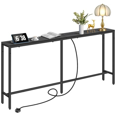 Panana 160cm Narrow Console Table with Charging Station, Slim Sofa Table | Industrial Entryway Table with USB Ports, Behind Couch Table Perfect for Entryway, Hallway, Living Room, Bedroom,Black