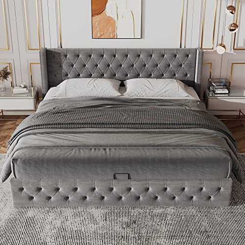 ZKLOEP Kissenförmiges, gestepptes Bett, doppelte Reihe Flanellnieten, Knopfheftung, 140 x 190 cm Doppelbett mit hydraulischer Funktion, wasserdichter, schwarz-Grauer Lattenrost aus Vliesstoff