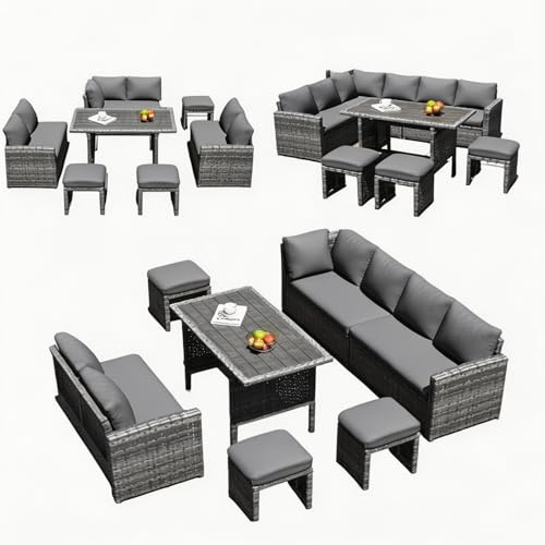 YODOLLA 7-teilig Rattan Gartenmöbel Set für 9-10 Personen, Allwetter Gartenlounge Set & Sitzgruppe Outdoor mit Esstisch & Hockern, Modulare Terrassenmöbel Außen aus rostfreiem Stahl, Grau