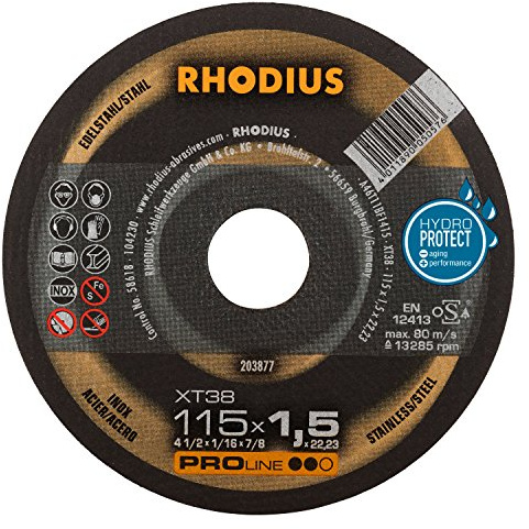RHODIUS XT38 115 x 1, 5 x 22, 23 mm Trennscheiben für Winkelschleifer Flexscheibe Metall Stahltrennscheibe, 200 W, 240 V, 10 Stück