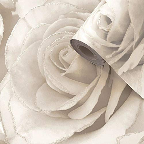 Floral Rose Pattern Pearl Wallpaper Blown Vinyl Silver Glitter Madison