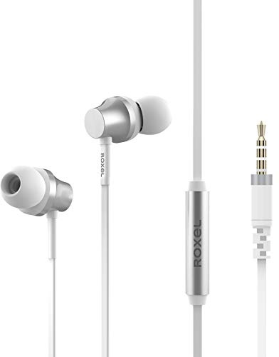 Roxel EF100 Ergonomic Fit In Ear Noise Isolating Earphone, Deep Bass and Rich Vocals with Built in Microphone, Tangle Free Flat Cable in ear Headphone for IOS and Android devices (Silver)