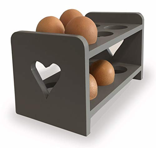 Dark Charcoal Grey Wooden Egg Rack - 2-Layer Heart Cut Out Design, Country Kitchen Style, Scandinavian Inspired, Holds 12 Eggs. Egg storage.