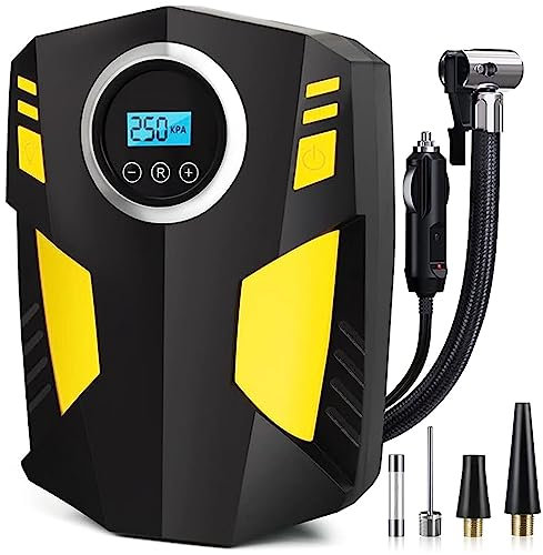 Crebeau Digital Tyre Inflator, DC 12V Portable Air Compressor Car Tyre Pump with 3 Nozzle Adaptors and Emergency LED Flashlight for Car Tyres, Bicycles and Other Inflatables