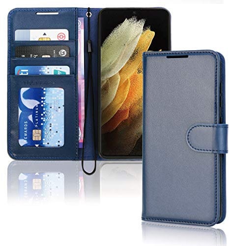 TECHGEAR Galaxy S21 Ultra Leather Wallet Case, Flip Protective Case Cover with Wallet Card Holder, Stand and Wrist Strap - Navy Blue PU Leather with Magnetic Closure Designed For Samsung S21 Ultra /5G