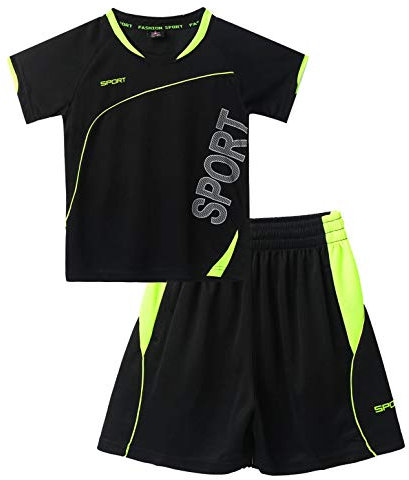 FEESHOW Kids Boys Basketball Jersey Tracksuit Short Sleeves Tank Top with Shorts Athletic Sports Activewear Black 13-14 Years