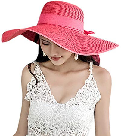 WSLCN Femme Chapeau de Soleil en Paille à Bord Large Capeline Pliable Plage Eté Anti-UV Décoration de Ruban Pastèque Rouge