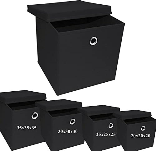 A406 4x Foldable Storage Boxes with Lid Storage Basket with Lid Fabric Cubes with Handles Collapsible Fabric Organiser Clothes Storage Box (Large- 30x30x30cm, Black)