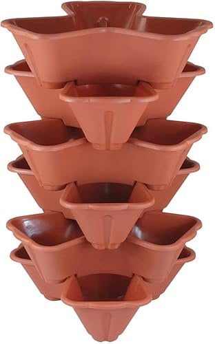 Muddy Hands 6 x Strawberry Planter Trio Stacking Stackable Outdoor Garden Flower Herb Plastic Plant Pot (Terracotta)