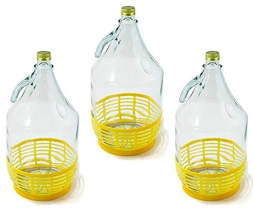 WYSKONT Bouteille bonbonne à col étroit avec bouchon à vis fixe et panier pour la fabrication du vin, stockage de boissons, service en verre transparent, 3 pièces x 5 L