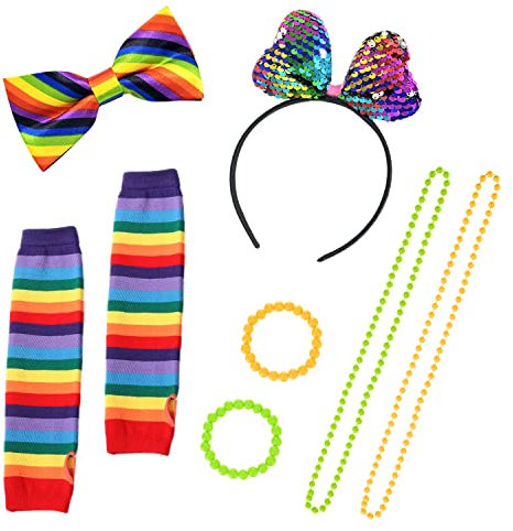 Ensemble de 7 accessoires vestimentaires années 80, bandeaux colorés, nœuds papillon en sergé, gants arc-en-ciel, colliers néon, bracelets les soirées maquillage, spectacles, bars, spectacles groupe